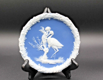 Antique Schäfer & Vater Blue White Jasperware Cherub & Stork Lily of the Valley
