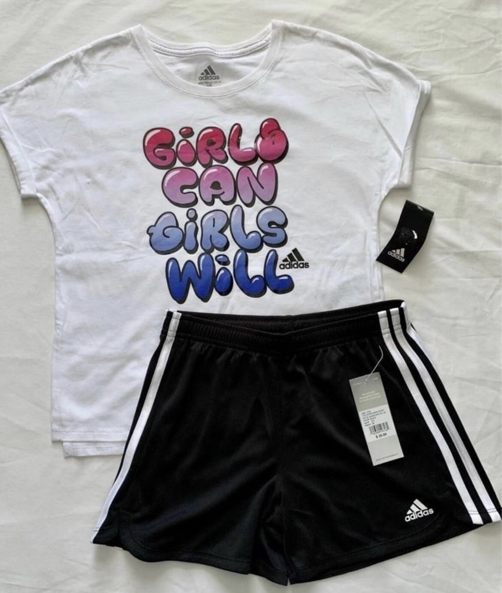 Adidas “Girl Power” Athletic Shorts Shirts Outfit Girl Large 14