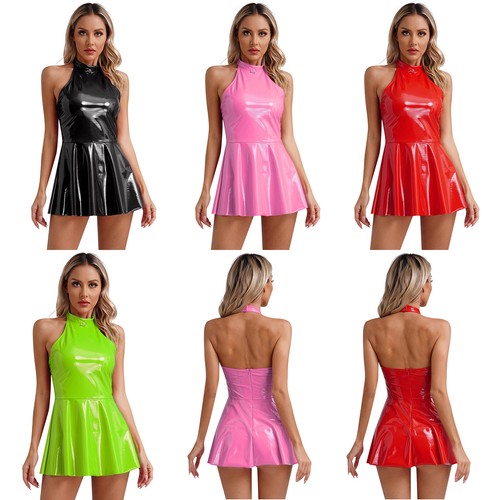 Womens Dress Patent Leather Dresses Mini Skirt Party Nightwear Skater Dancewear - Picture 1 of 42