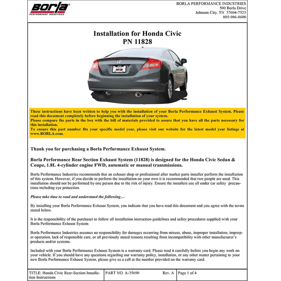 Kit de escape trasero eje inoxidable tipo S Borla 11828 para Honda Civic 2012-15 1,8 L Foto 3 de 4