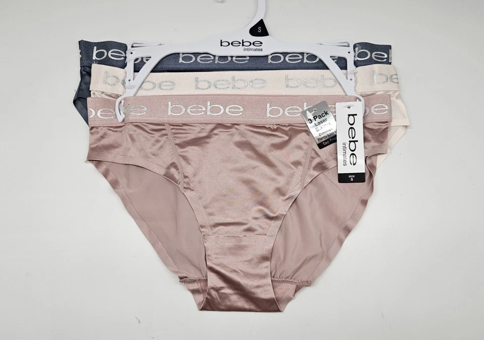 BEBE Women's S M L 3 Pack Logo Waistband Satin Laser Bikini Gray Beige Ivory - Image 2 of 4