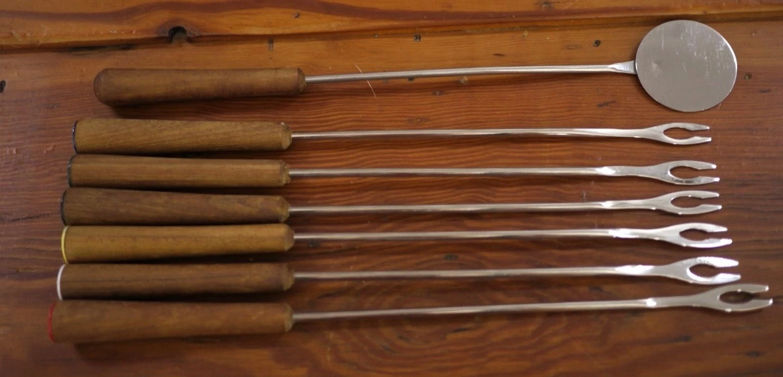 Set 6 Vintage Mid Century Modern Teak Stainless Steel Fondue Forks + Cutter Tool