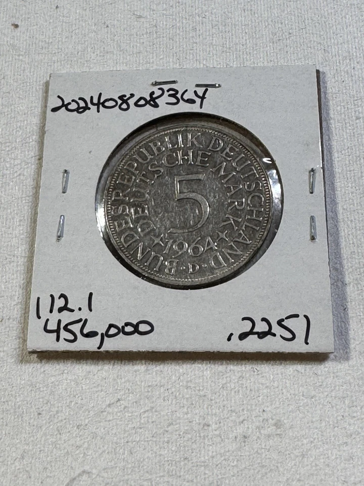 1964-D Germany 5 Mark Silver Coin Low Mintage Cleaned - Image 4 of 4