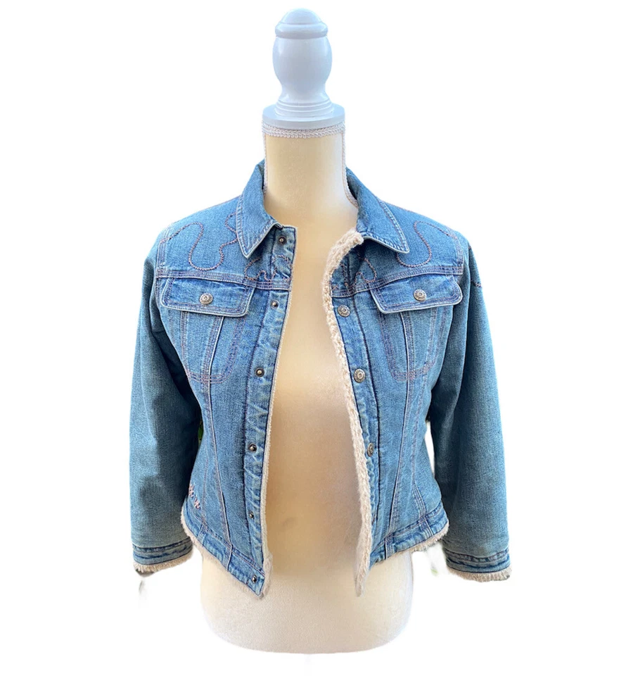 Chaqueta vaquera vintage de diseño italiano a cuadros para niñas talla 128 forrada de piel sintética Foto 2 de 4