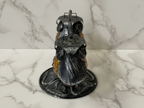 VTG MCM Brushed Metal Owl Salt & Pepper Shakers w/ Stand - Picture 2 of 10