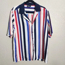 Reclaimed Vintage Shirt Mens Medium Red White Blue Striped Button Up Retro UK