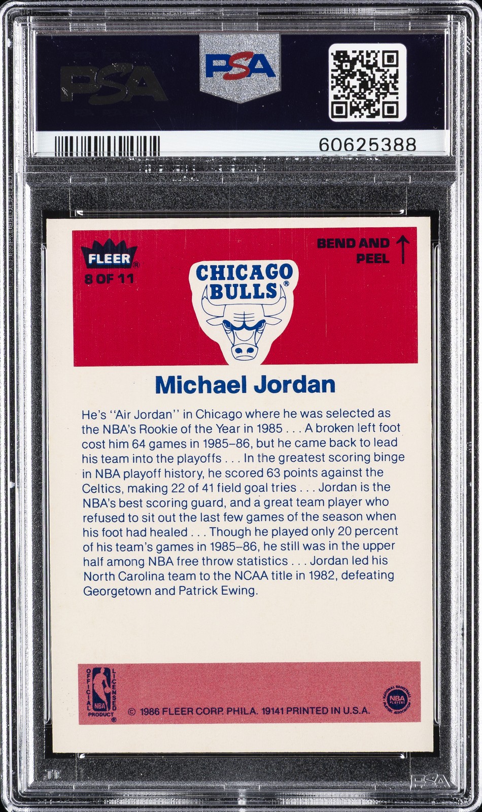 1986 FLEER STICKER #8 MICHAEL JORDAN ROOKIE RC PSA 7 view 2