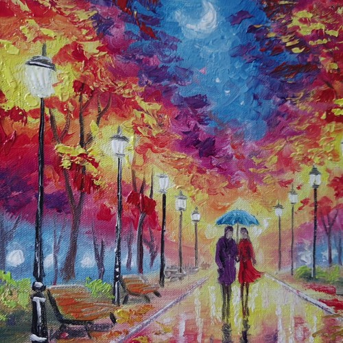 Original Oil Painting Vibrant Autumn Park Scene Couple Umbrella Canvas Wall Art - Picture 15 of 24