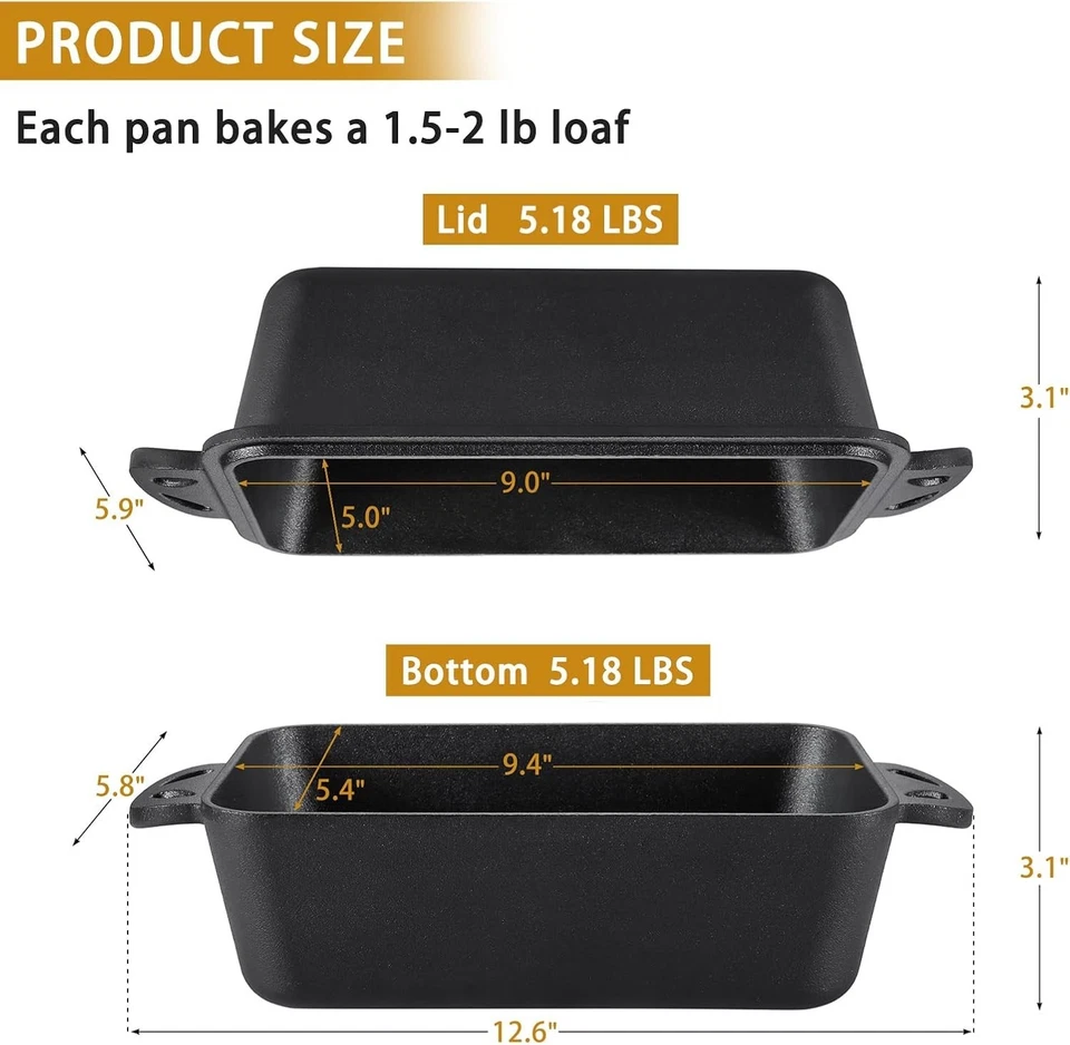 Gusseisen Laibform mit Deckel 9x5 Zoll - Brotbackformen für selbstgebackenes Brot, ... - Bild 4 von 4