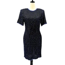 Vintage Denise M Elle Black Chiffon Silk Blue Beaded Embellished Cocktail Dress