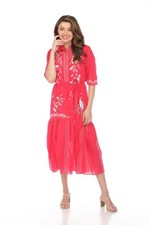 Johnny Was Henley Tiered Shirt Dress Embroidery Watermelon Pink Boho Size M