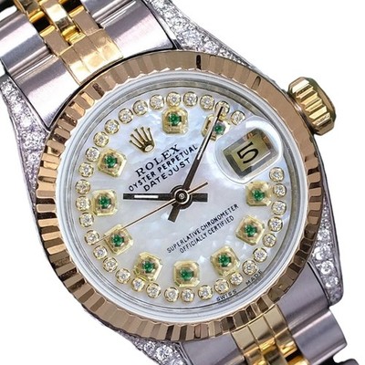 Rolex Datejust Two-Tone 18KY Steel White MOP Diamond-Emerald Fluted Lugs Watch