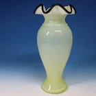 Fenton Art Glass - Vaseline Uranium Ruffled Vase Black Crest Rim - 11 inches