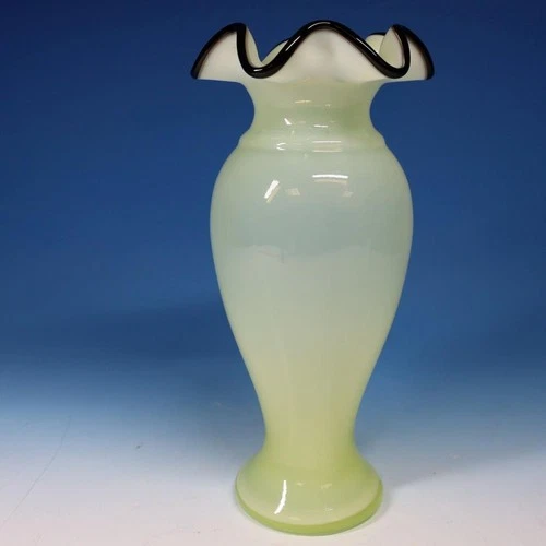 Fenton Art Glass - Vaseline Uranium Ruffled Vase Black Crest Rim - 11 inches