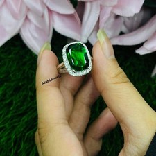 Cushion Cut Emerald Ring 925 Sterling Silver Gift For Her Halo Engagement Ring.