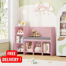 Kids Toy Storage Shelf with Bench | 110cm White/Pink Children’s Room Rack