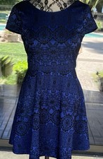 Short Sleeve Black Lace Over Blue Lining Above The Knee Dress Sz M 36” Bust