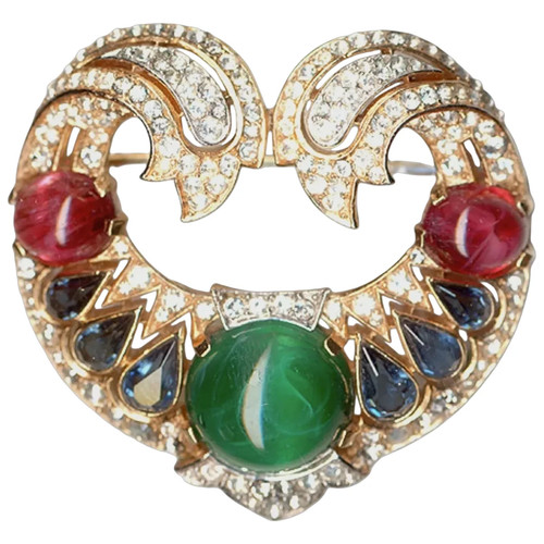 Emerald, Ruby, Sapphire & Pave Diamond 14K Yellow Gold Over Crescent Brooch Pin