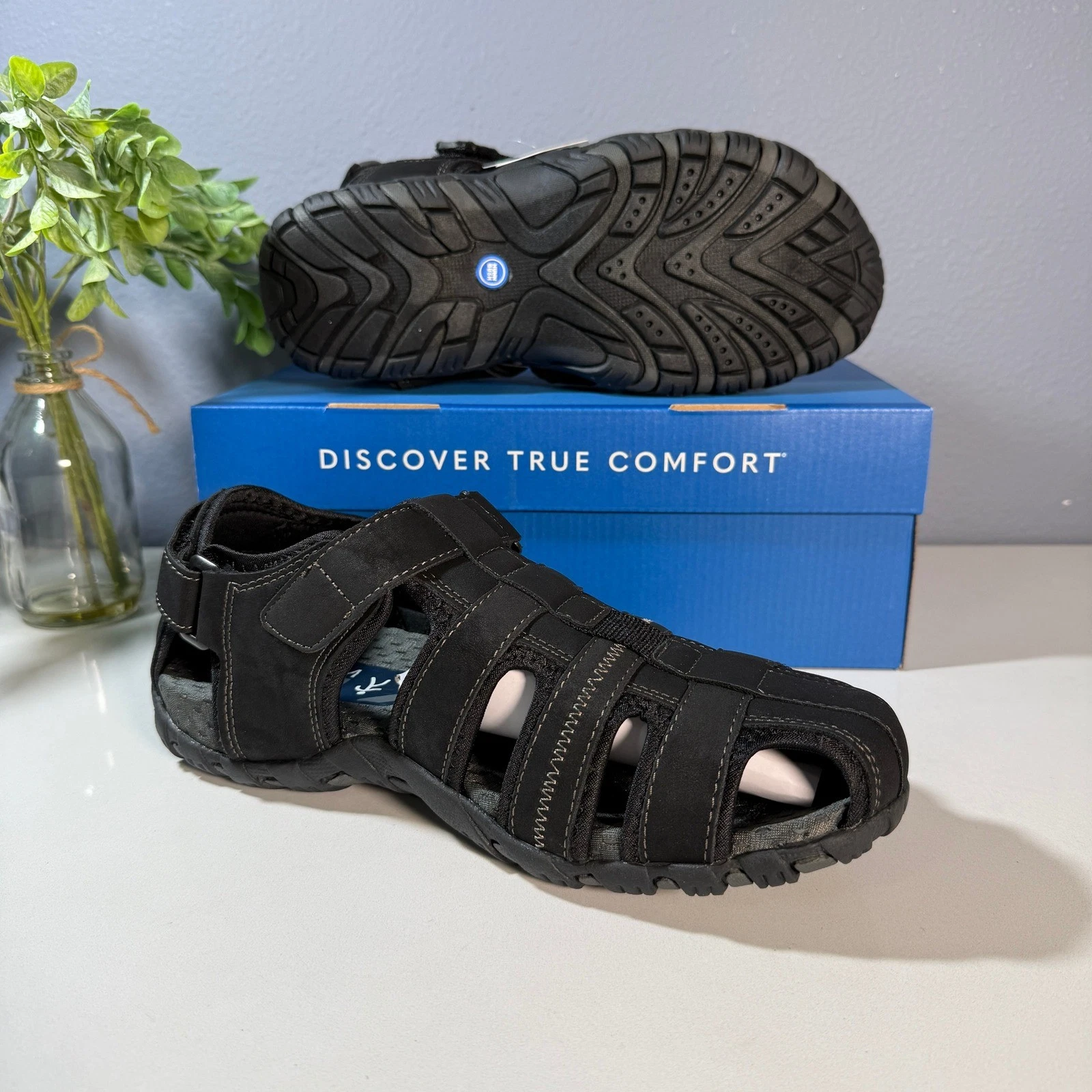 Nunn Bush Mens Black Fisherman Sandals Hook and Loop Comfort Size 9