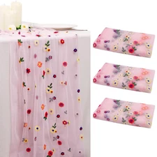 3pcs Pink Daisy Fall Table Runner Embroidery Gauze 10FT Florals Seasonal Tull...