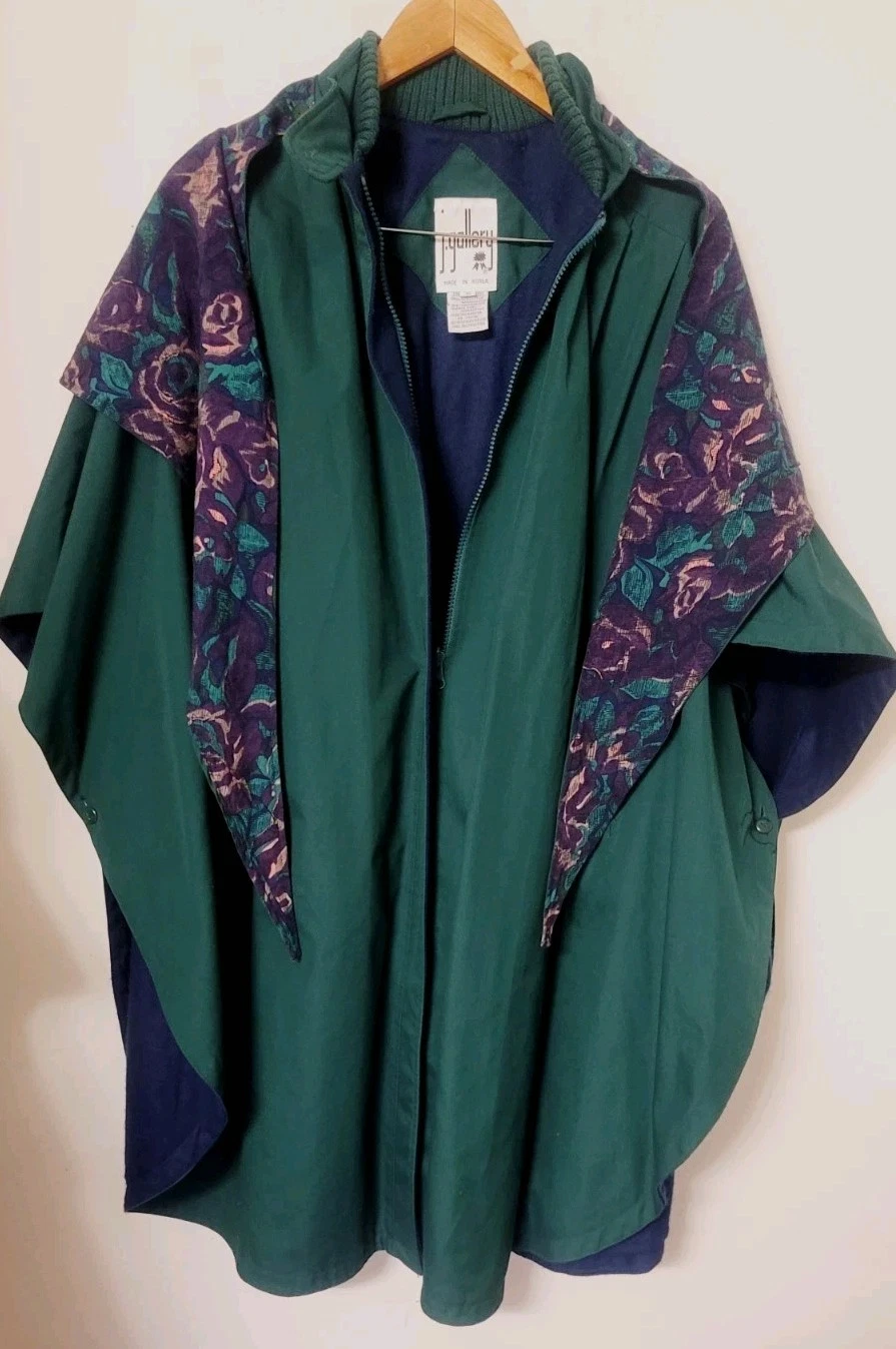 J Gallery Women's Cape Poncho Coat Medium Zip Fleece Lined Purple Rose Green VTG