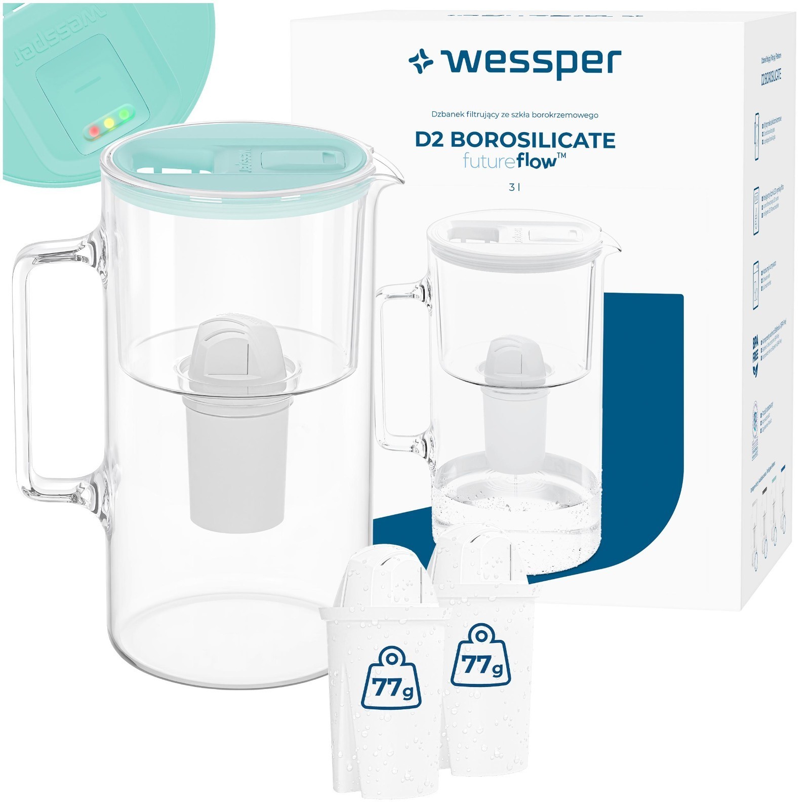 Water filter jug, glass, mint, 3L, Wessper, LED filter change indicator,...