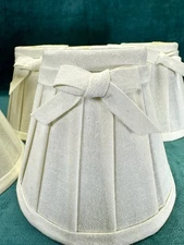 Set/4 Pleated Clip-On Candelabra Shades Bows Ivory Linen Cottage French Country