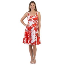 Fashion Bug Red White Floral Print Square Neck Fit Flare Dress Size 16 Casual