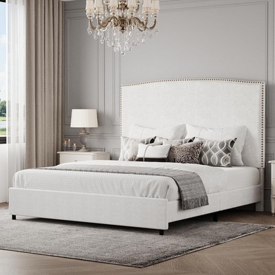 King Upholstered Platform Bed 56 Tall Headboard Nailhead Trim Boucle White