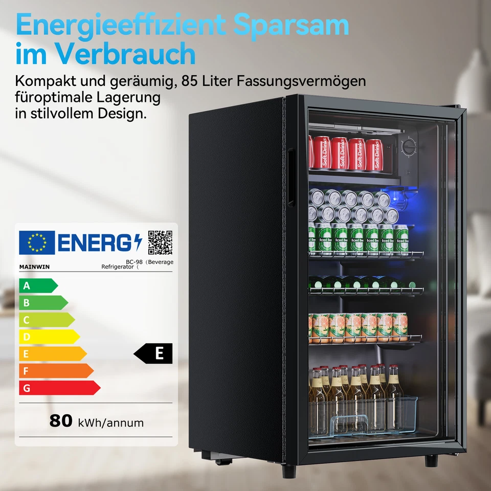 Getränkekühlschrank Flaschen Bier Minibar Glastür 85L,LED Beleuchtung,Schwarz - Bild 2 von 4