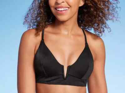 Shade & Shore Women's Size 34C Ribbed Longline V-Wire Bikini Top Black