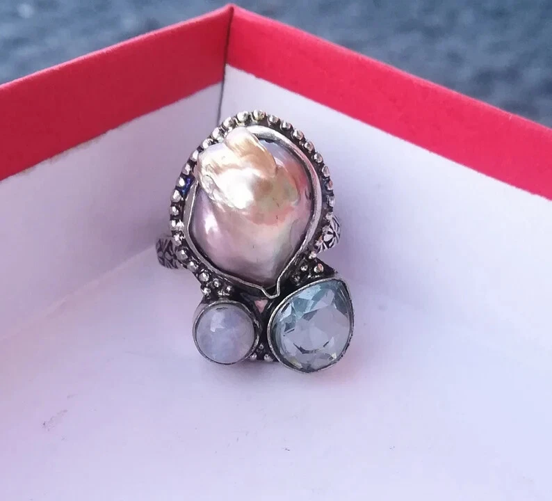 ANELLO TOPAZIO AZZURRO, PIETRA DI LUNA E PERLA BIWA NATURALE IN ARGENTO 925 - Immagine 3 di 4