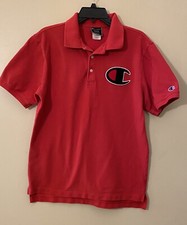 Champion Polo Shirt Mens Red Short Sleeve Big Logo Casual Cotton Rugby
