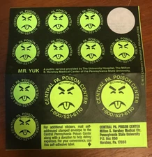 Vintage Mr. YUK Central PA. Poison Center Sticker Sheet Milton S. Hershey 1972