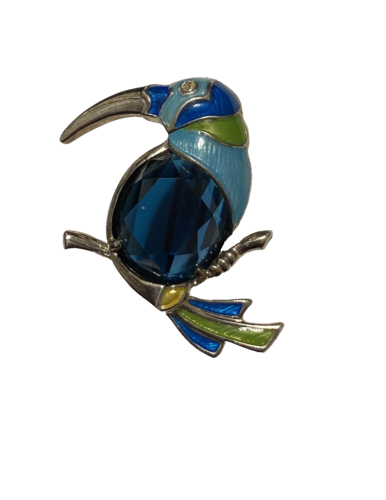 Fat Blue Green Enamel Parrot Brooch Big Glass Stone for Body 1 1/4" - Picture 1 of 2