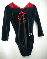 Gk leotard CL Black Red Velvet Stones 3/4 Sleeves Long Sleeve