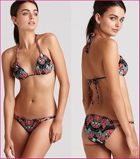 Mara Hoffman Lotus Black Beaded Triangle Top  Bottom Swimsuit Bikini Set L