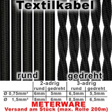 2-adrig 3-adrig Textilkabel Stoffkabel pendelkabel rund gedreht verdreht Schwarz