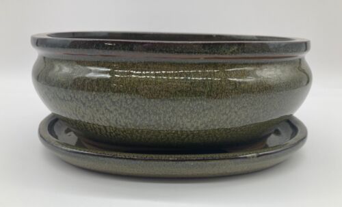 Grün/braun glasierter ovaler Bonsai-Topf mit passendem Tablett 20x16,5x6cm - Bild 1 von 3