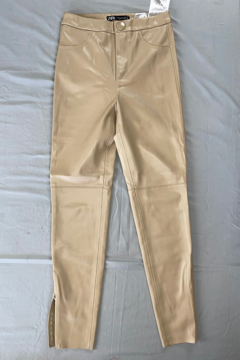 ZARA Jean Style Zip Cuff Coated Faux Leather Beige, Size MINT!!