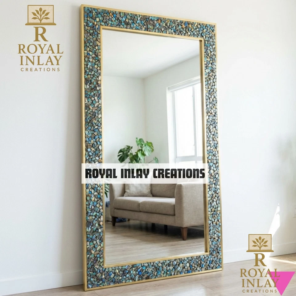 Espejo de mosaico de piedra labradorita iridiscente con marco de latón pulido 48 x 24" Foto 3 de 4