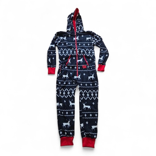 TIPSY ELVES Size M One Piece Jumpsuit Full Zip Pajama Navy Red Reindeer Hooded