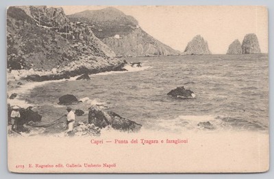 Capri Punta del Tragara Faraglioni Felsen Fischer Italien Postkarte um 1910