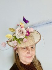 Hat Fascinator OOAK New Tan Sinamay Base Pink Purple Flowers Gold Leaves Millin