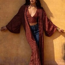 Dragon Silk Pure 100 Long Robe Kimono M-L Women's Luxury Jacket Duster Rust