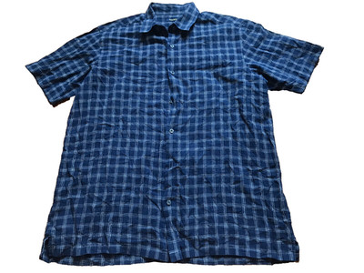 Club Room Shirt Navy Blue Size L Men Windowpane Plaid Short Sleeve Linen  Preppy