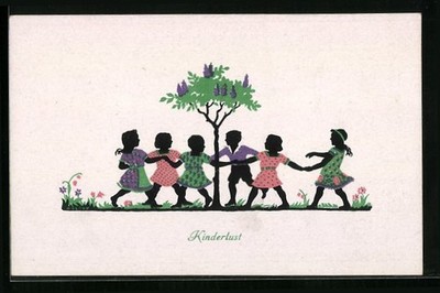 Postcard Kinderlust, children dancing around in a tree, silhouette 