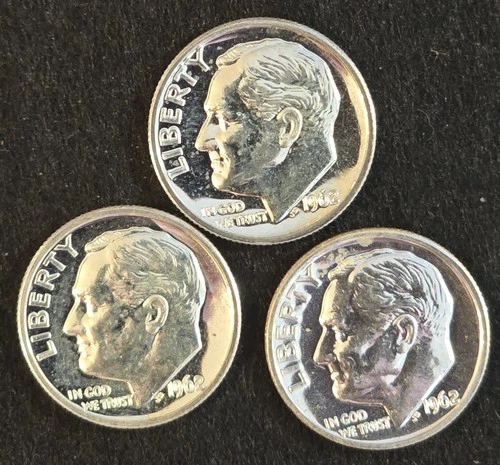 Lot of 3 US Roosevelt 1962 90% Silver Dimes Very High Quality Uncirculated
