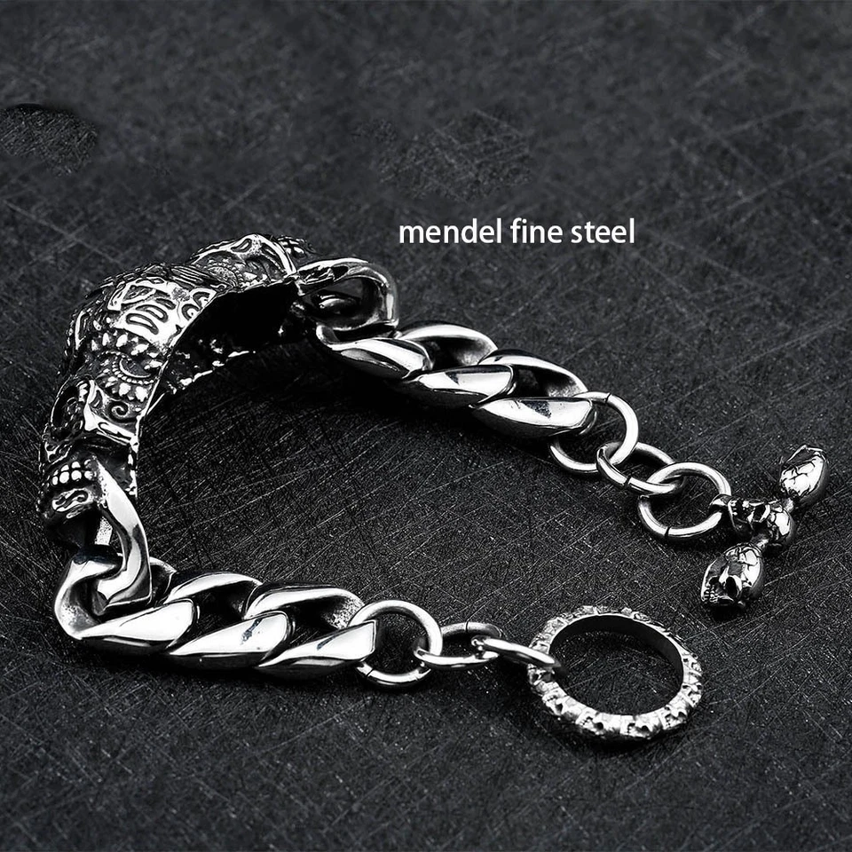 Brazalete calavera de motociclista punk de acero inoxidable cadena cubana de 9 pulgadas gótica Mendel para hombre Foto 2 de 4