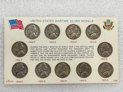 #ad #ad US WARTIME SILVER NICKELS SET COMPLETE 11 COINS in DISPLAY CARD TONED $60.00